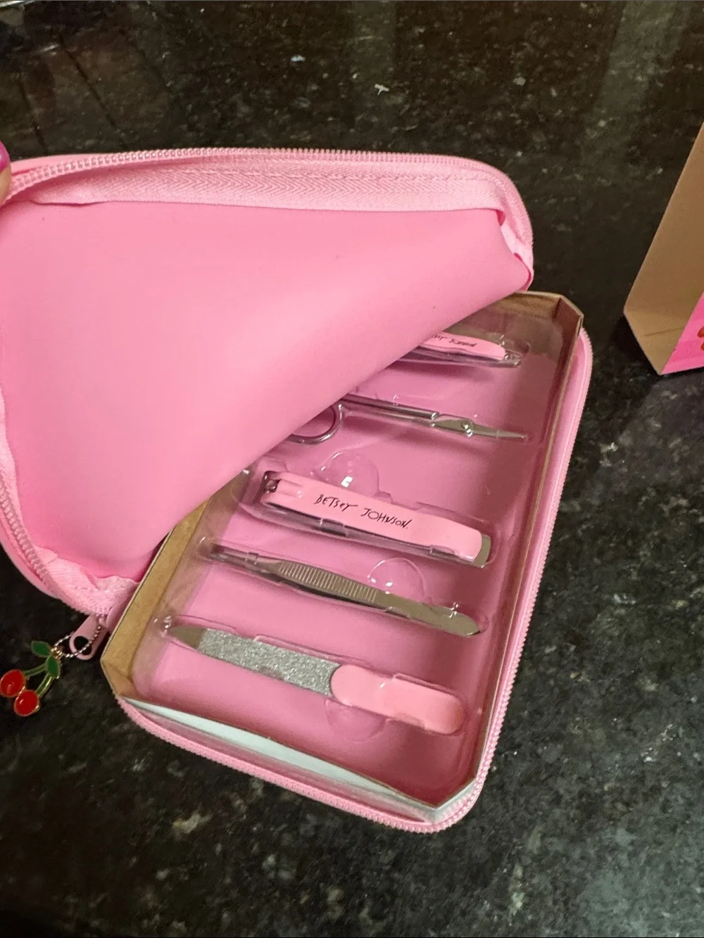 Betsey Johnson Pink Cherry Mani-Pedi Set in Pink Silicone Case